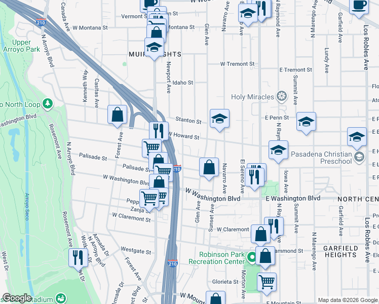map of restaurants, bars, coffee shops, grocery stores, and more near 267 Del Monte Street in Pasadena