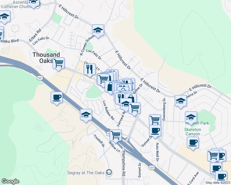 map of restaurants, bars, coffee shops, grocery stores, and more near in Thousand Oaks
