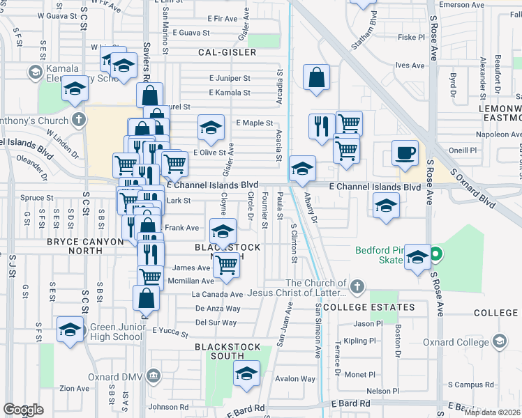 map of restaurants, bars, coffee shops, grocery stores, and more near 3011 Fournier Street in Oxnard