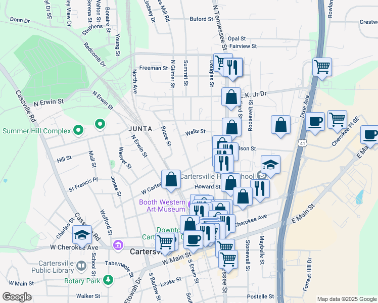 map of restaurants, bars, coffee shops, grocery stores, and more near 307 North Gilmer Street in Cartersville