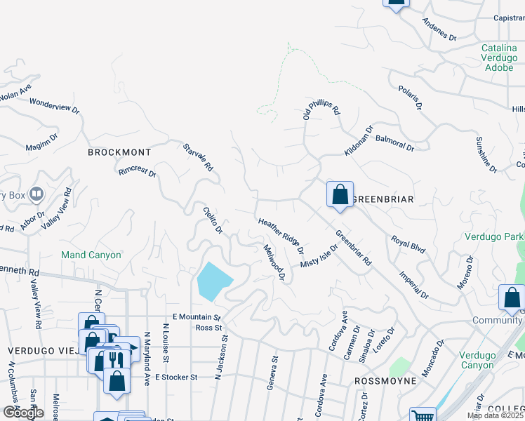 map of restaurants, bars, coffee shops, grocery stores, and more near 1740 Heather Ridge Drive in Glendale