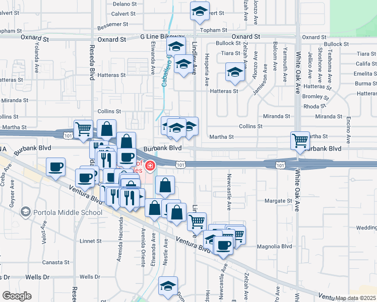 map of restaurants, bars, coffee shops, grocery stores, and more near 18100 Burbank Boulevard in Los Angeles