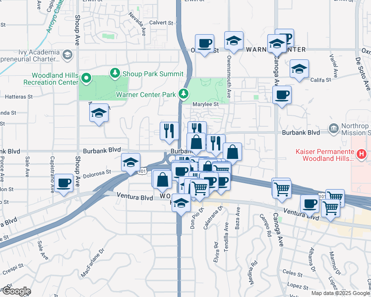 map of restaurants, bars, coffee shops, grocery stores, and more near 21931 Burbank Boulevard in Los Angeles