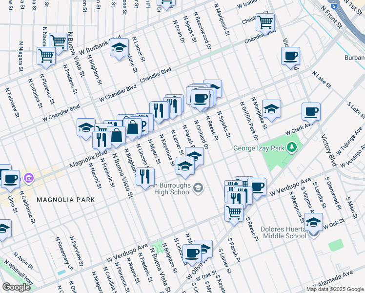 map of restaurants, bars, coffee shops, grocery stores, and more near 500 North Lamer Street in Burbank
