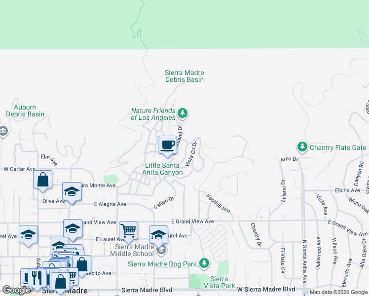 map of restaurants, bars, coffee shops, grocery stores, and more near 15 Vista Circle Drive in Sierra Madre