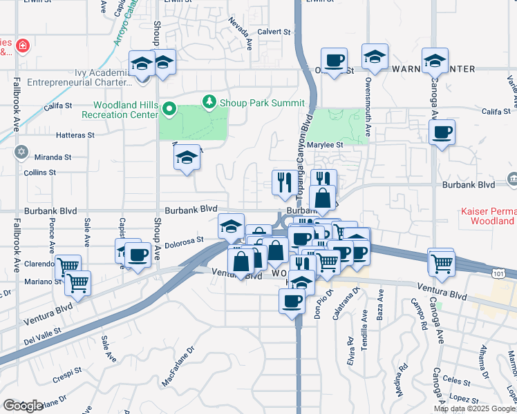 map of restaurants, bars, coffee shops, grocery stores, and more near 22123 Burbank Boulevard in Los Angeles