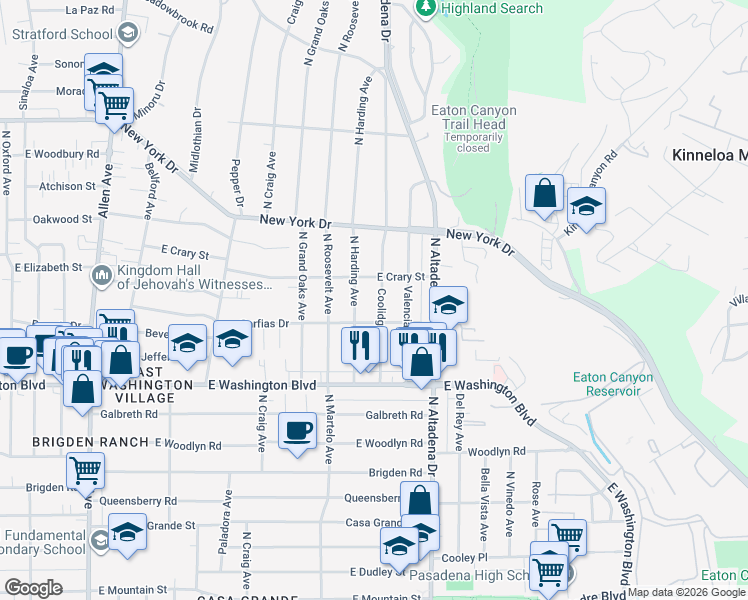 map of restaurants, bars, coffee shops, grocery stores, and more near 1511 Coolidge Avenue in Pasadena