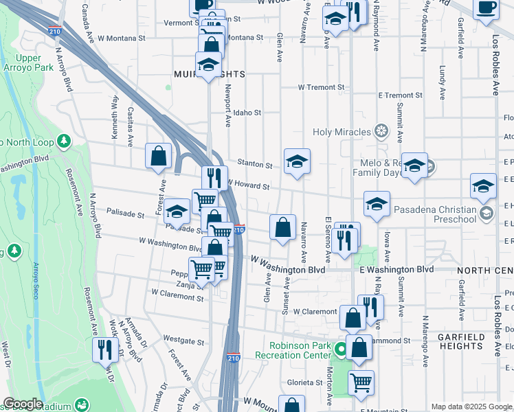 map of restaurants, bars, coffee shops, grocery stores, and more near 267 Del Monte Street in Pasadena