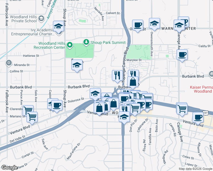 map of restaurants, bars, coffee shops, grocery stores, and more near 22105 Burbank Boulevard in Los Angeles
