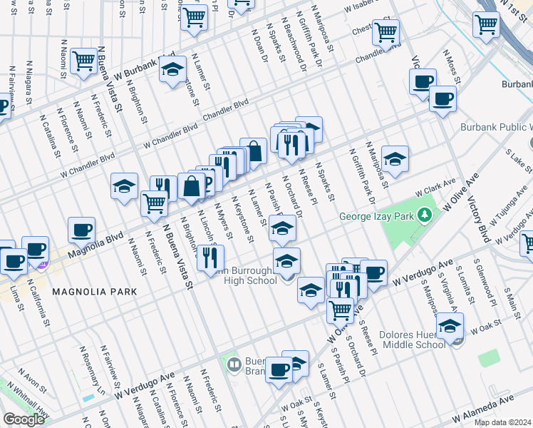 map of restaurants, bars, coffee shops, grocery stores, and more near 500 North Lamer Street in Burbank