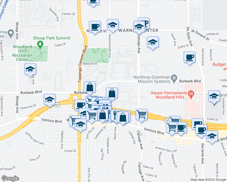 map of restaurants, bars, coffee shops, grocery stores, and more near 5550 Owensmouth Avenue in Los Angeles