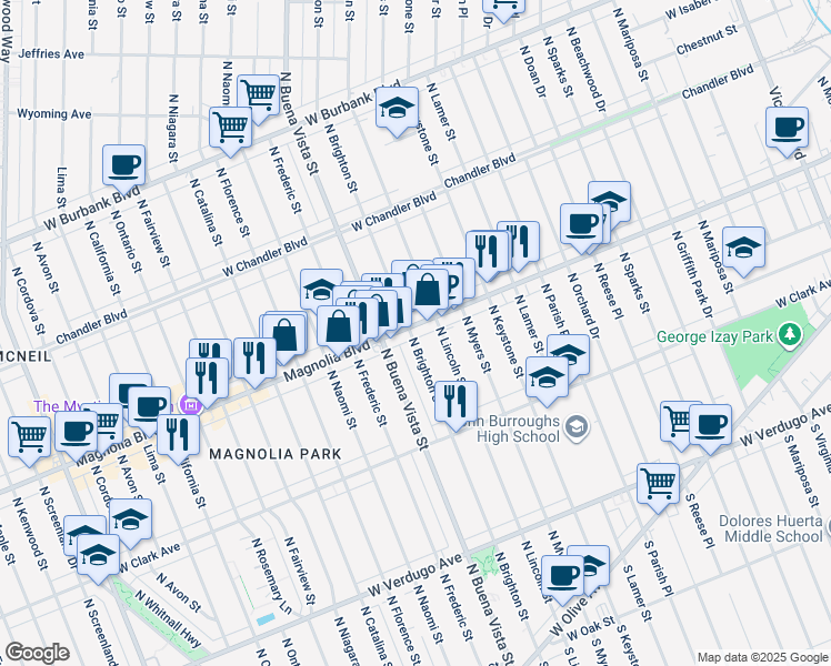 map of restaurants, bars, coffee shops, grocery stores, and more near 625 North Brighton Street in Burbank