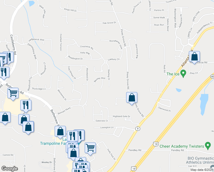 map of restaurants, bars, coffee shops, grocery stores, and more near 5880 Sterling Court in Cumming