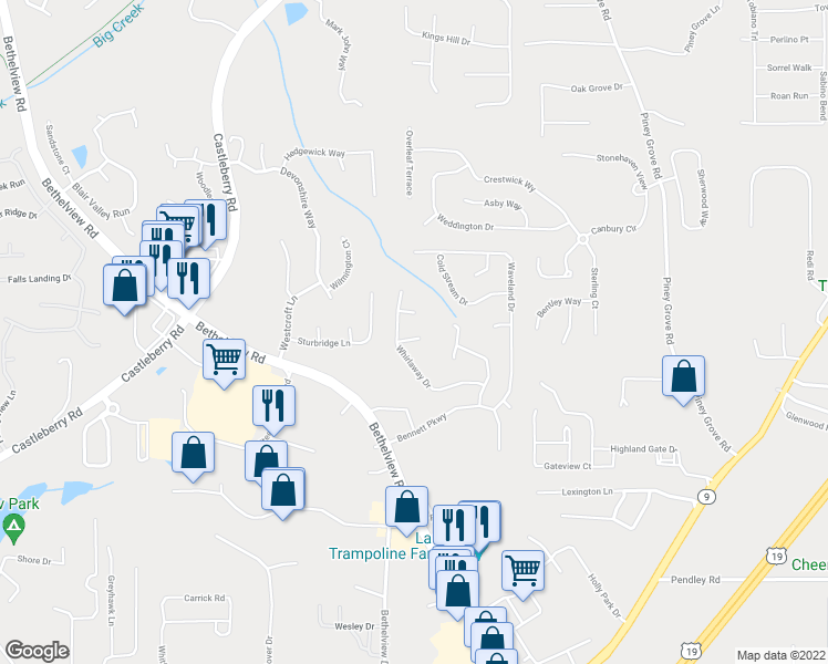 map of restaurants, bars, coffee shops, grocery stores, and more near 6435 Jonabell Lane in Cumming