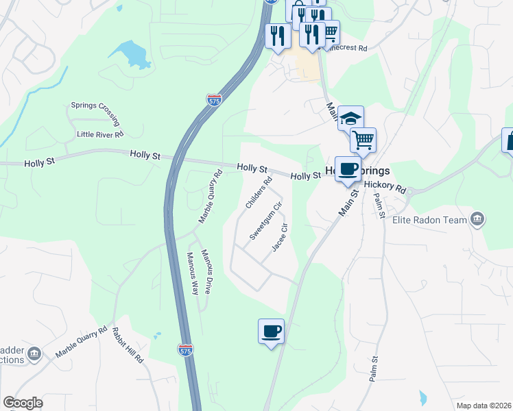 map of restaurants, bars, coffee shops, grocery stores, and more near 107 Sweetgum Circle in Canton