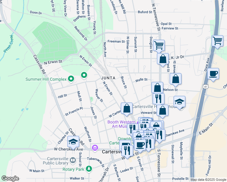 map of restaurants, bars, coffee shops, grocery stores, and more near 221 North Erwin Street in Cartersville