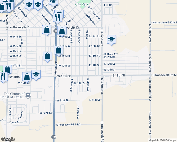 map of restaurants, bars, coffee shops, grocery stores, and more near 1726 South Abilene Avenue in Portales