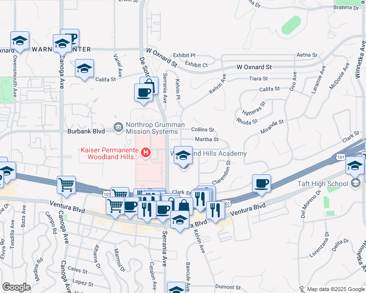 map of restaurants, bars, coffee shops, grocery stores, and more near 20837 Burbank Boulevard in Los Angeles