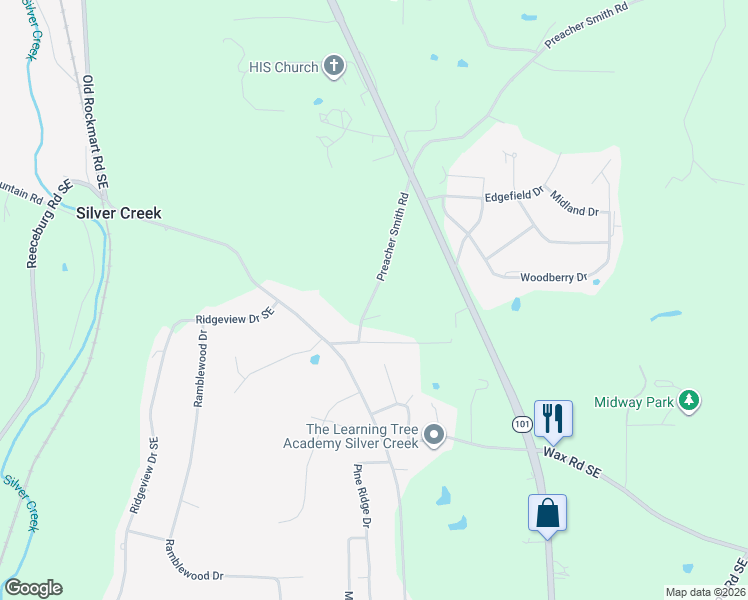 map of restaurants, bars, coffee shops, grocery stores, and more near 74 Preacher Smith Road in Silver Creek