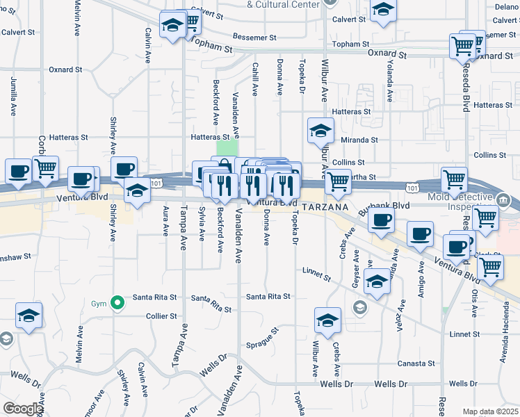 map of restaurants, bars, coffee shops, grocery stores, and more near 5516 Vanalden Avenue in Los Angeles