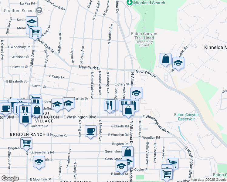 map of restaurants, bars, coffee shops, grocery stores, and more near 2433 Garfias Drive in Pasadena
