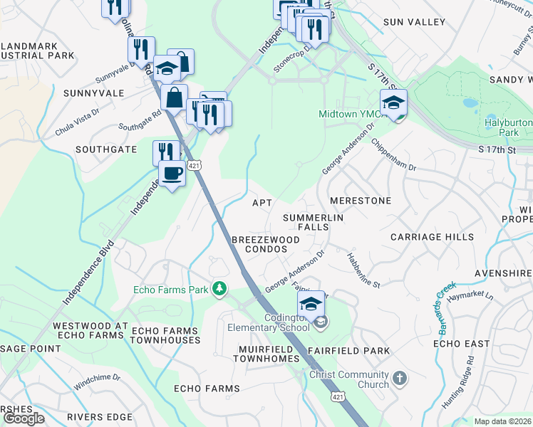 map of restaurants, bars, coffee shops, grocery stores, and more near 4118 Breezewood Drive in Wilmington