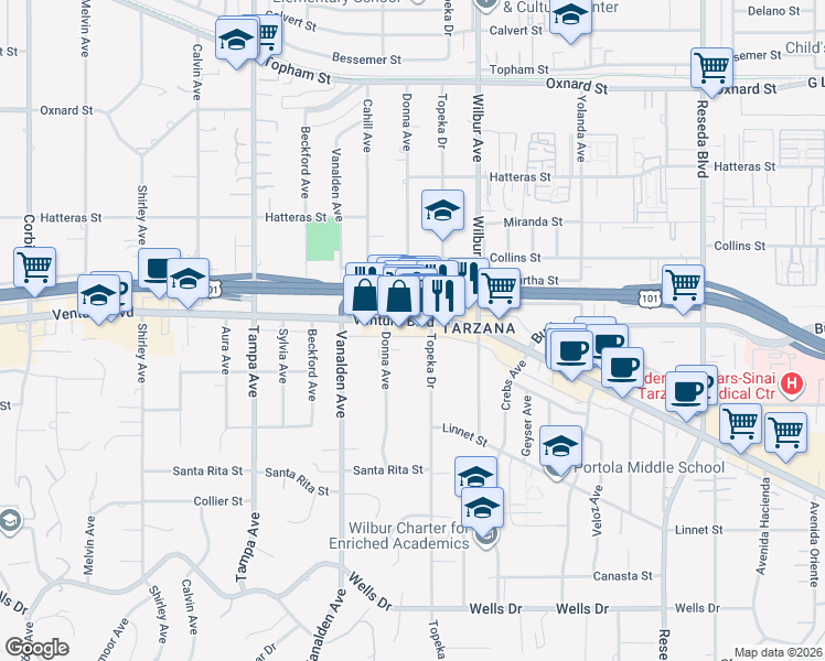 map of restaurants, bars, coffee shops, grocery stores, and more near 5520 Donna Avenue in Los Angeles