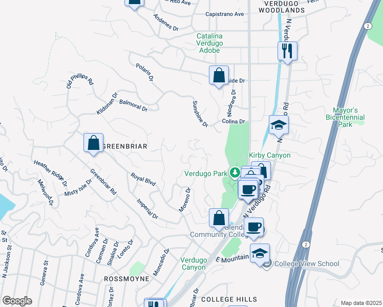 map of restaurants, bars, coffee shops, grocery stores, and more near 1659 Puebla Drive in Glendale