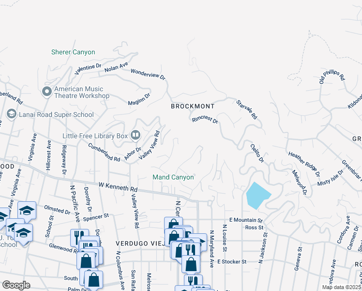 map of restaurants, bars, coffee shops, grocery stores, and more near 1640 Cumberland Terrace in Glendale