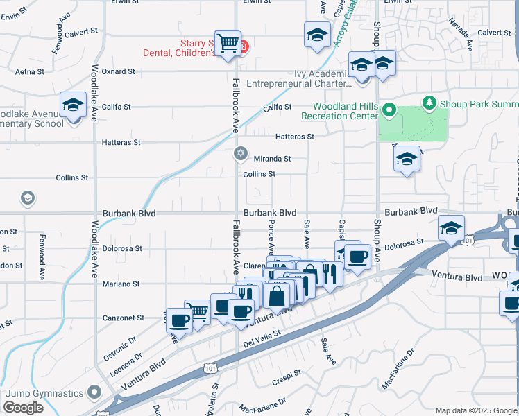 map of restaurants, bars, coffee shops, grocery stores, and more near 22723 Burbank Boulevard in Los Angeles