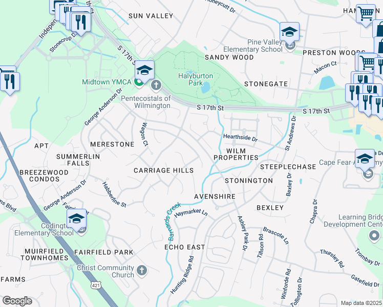 map of restaurants, bars, coffee shops, grocery stores, and more near 3904 Providence Court in Wilmington