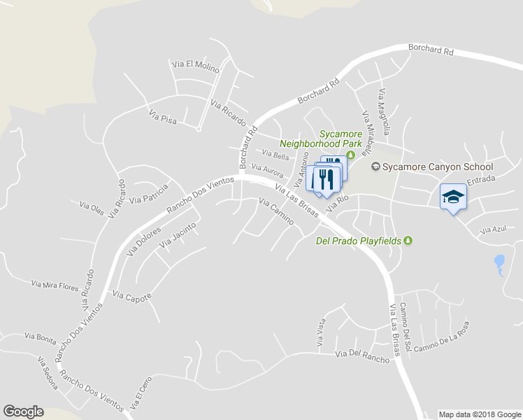 map of restaurants, bars, coffee shops, grocery stores, and more near 388 Via Cresta in Thousand Oaks