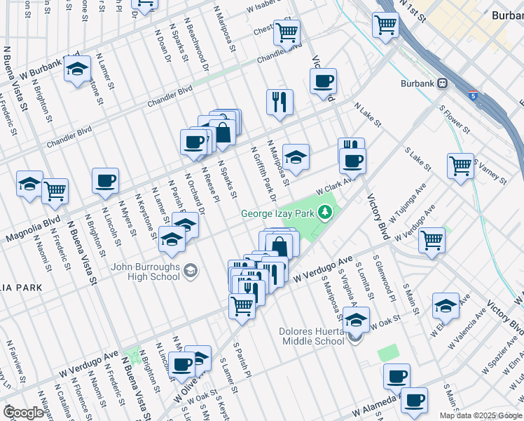 map of restaurants, bars, coffee shops, grocery stores, and more near 1421 West Clark Avenue in Burbank