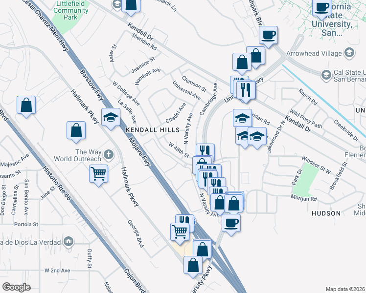 map of restaurants, bars, coffee shops, grocery stores, and more near 4868 North Varsity Avenue in San Bernardino