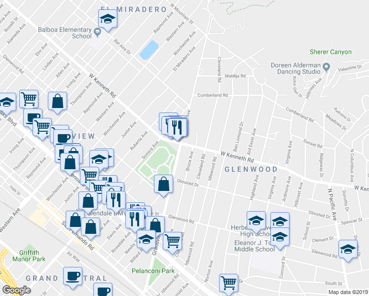map of restaurants, bars, coffee shops, grocery stores, and more near 1040 West Kenneth Road in Glendale