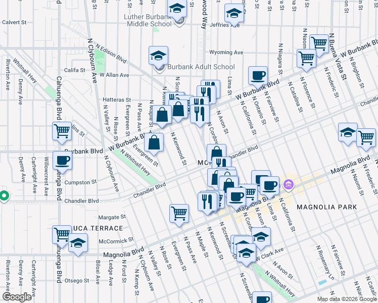 map of restaurants, bars, coffee shops, grocery stores, and more near 1211 North Screenland Drive in Burbank