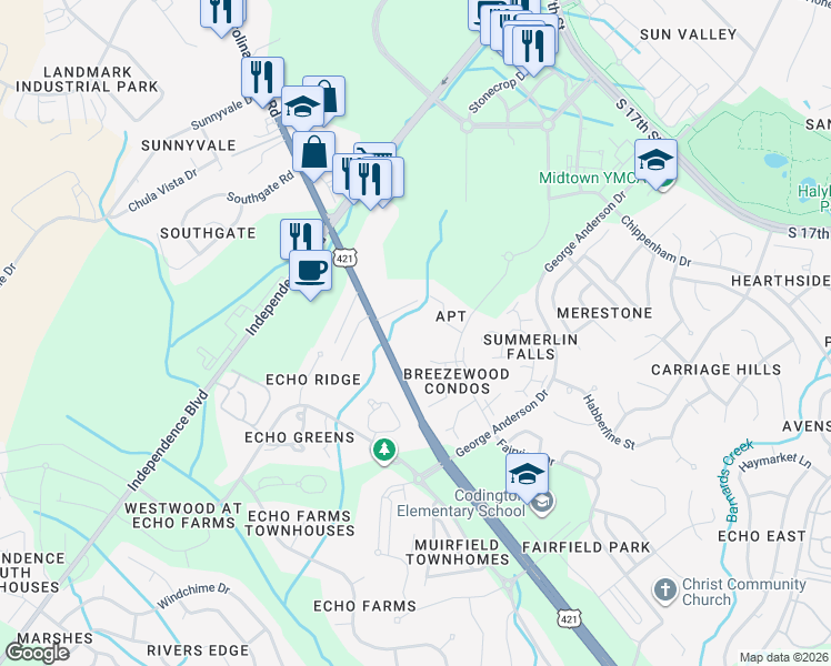 map of restaurants, bars, coffee shops, grocery stores, and more near 4126 Breezewood Drive in Wilmington