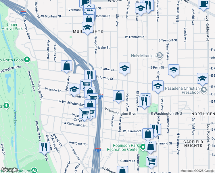map of restaurants, bars, coffee shops, grocery stores, and more near 270 Del Monte Street in Pasadena