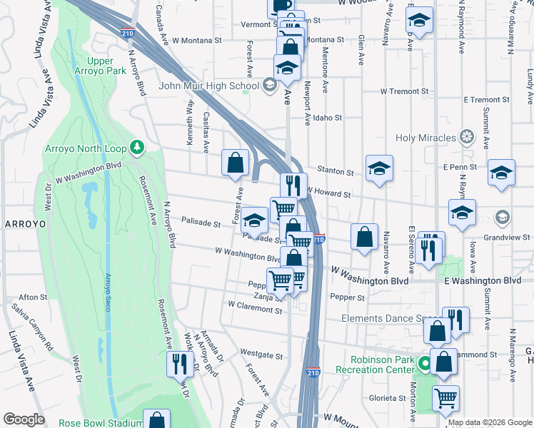 map of restaurants, bars, coffee shops, grocery stores, and more near 498 Macdonald Street in Pasadena