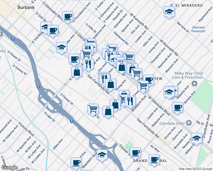 map of restaurants, bars, coffee shops, grocery stores, and more near in Glendale