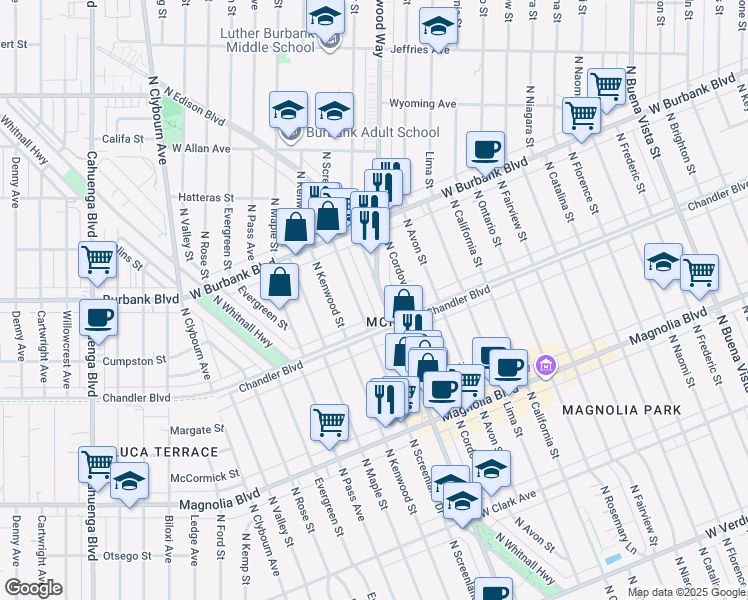 map of restaurants, bars, coffee shops, grocery stores, and more near 1211 North Screenland Drive in Burbank