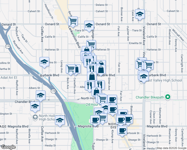 map of restaurants, bars, coffee shops, grocery stores, and more near 6410 Laurel Canyon Boulevard in Los Angeles