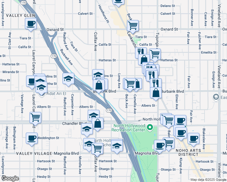 map of restaurants, bars, coffee shops, grocery stores, and more near 11640 Burbank Boulevard in Los Angeles