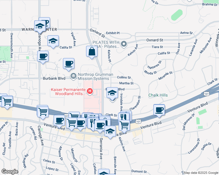 map of restaurants, bars, coffee shops, grocery stores, and more near 20837 Burbank Boulevard in Los Angeles