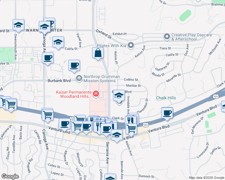 map of restaurants, bars, coffee shops, grocery stores, and more near 20837 Burbank Boulevard in Los Angeles