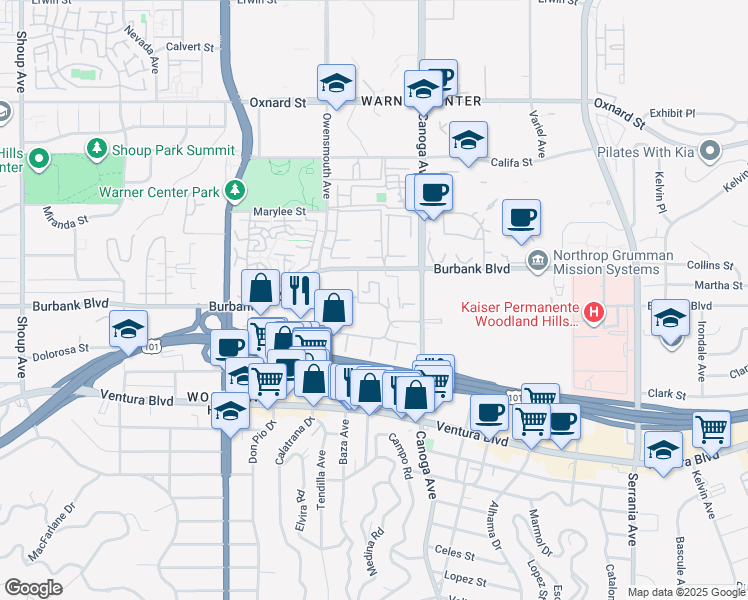 map of restaurants, bars, coffee shops, grocery stores, and more near 5665 Canoga Avenue in Los Angeles