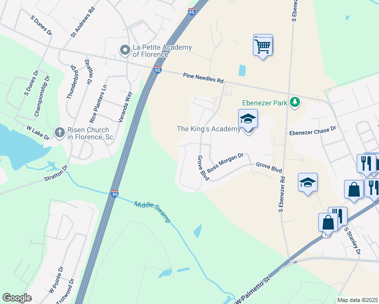 map of restaurants, bars, coffee shops, grocery stores, and more near Grove Boulevard in Florence