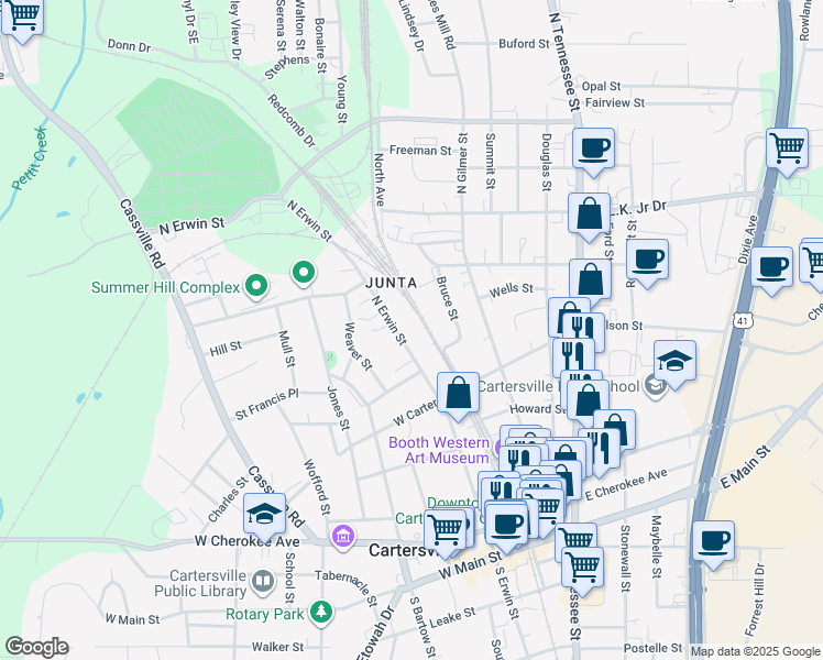 map of restaurants, bars, coffee shops, grocery stores, and more near 221 North Erwin Street in Cartersville