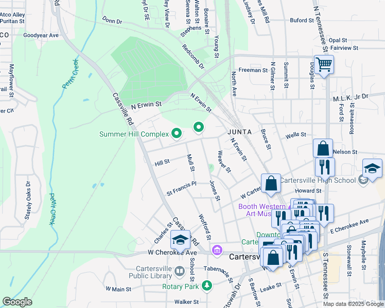 map of restaurants, bars, coffee shops, grocery stores, and more near 19 Mull Street in Cartersville