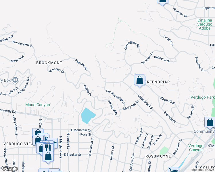 map of restaurants, bars, coffee shops, grocery stores, and more near 1740 Heather Ridge Drive in Glendale